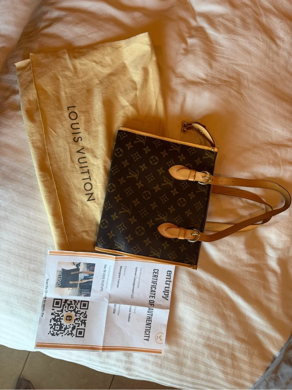 Louis Vuitton Brown Monogram Canvas Tote with Tan Leather Handles